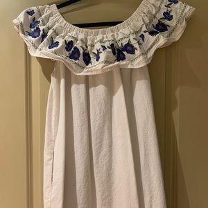 White denim dress with embroidered neck